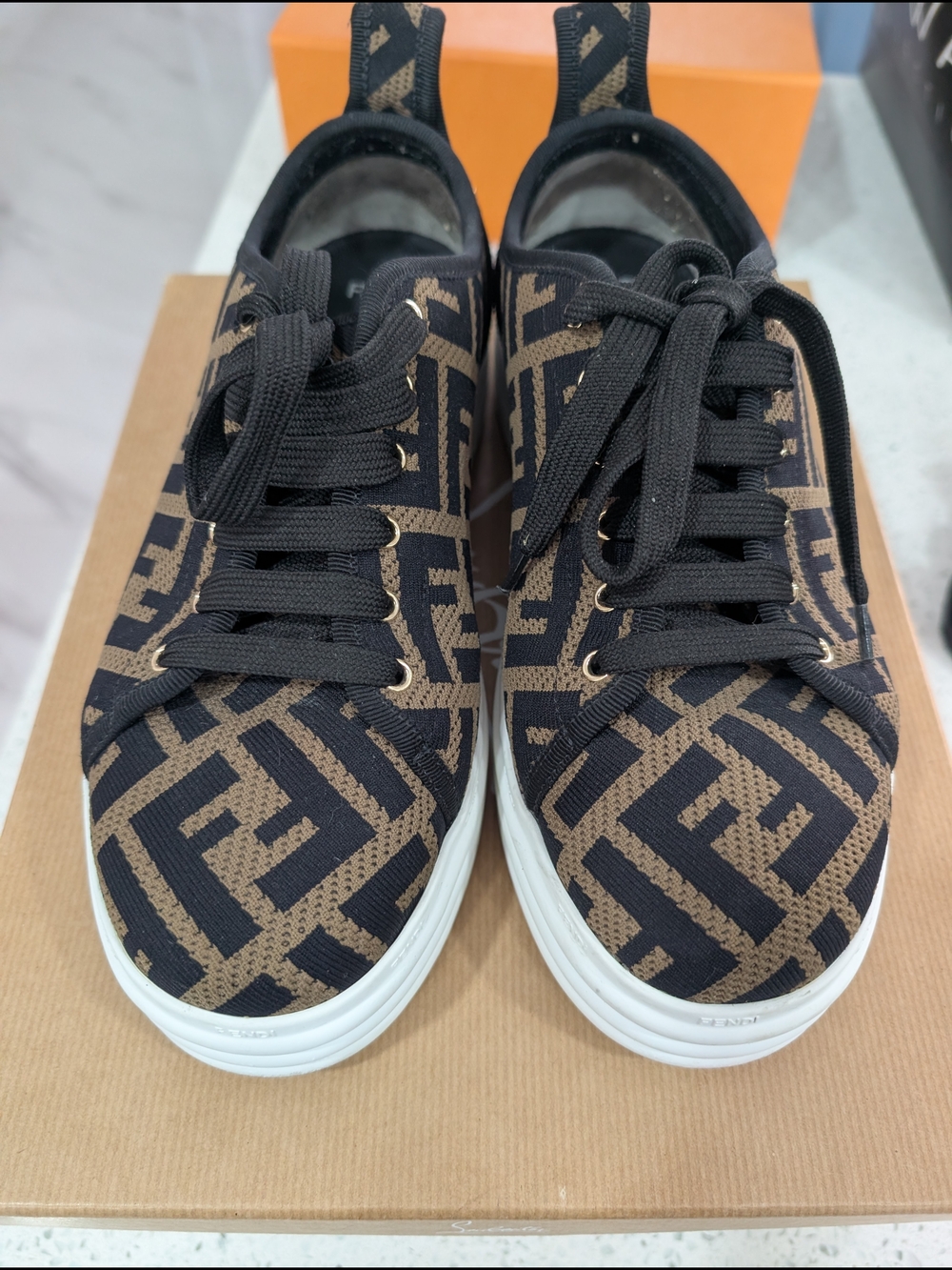 Fendi Brown and Black FF Logo Lace-Up Sneakers